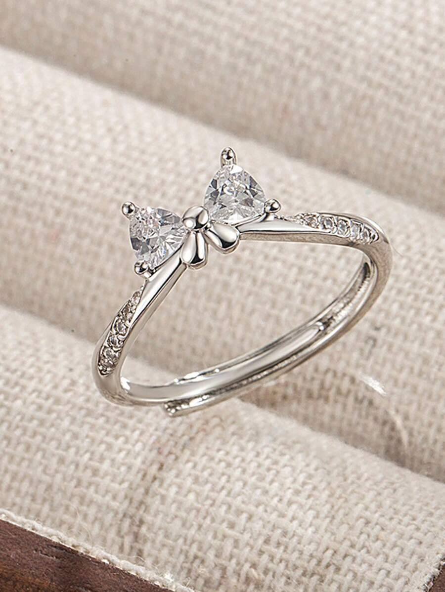 1pc Stainless Steel Fashionable Elegant Bowknot Ring, Delicate Minimalist Design, Versatile & Sweet, Suitable For Daily Wear And Gifts - Sparkling Bow Ring - View 1