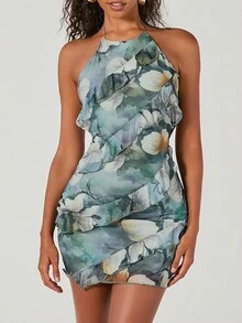 Women's Backless Ruffle Hem Sexy Fashion Party Mini Dress, Summer Elegant Vacation - Mint Blue - View 8