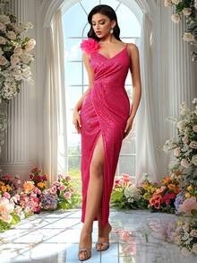 Double Crazy 纯色深 V 领串珠 3D 花朵长裙，正式晚会舞会礼服，适合婚礼嘉宾、毕业典礼、晚宴 - 玫紅色 - 查看 6