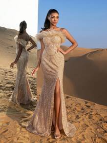Faeriesty Elegantes Meerjungfrauenkleid mit Federbesatz, Schnürung hinten, Perlenverzierung, geeignet für Partys, Hochzeiten und formelle Anlässe - Champagnerfarben - Übersicht 5