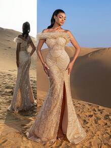 Faeriesty Elegantes Meerjungfrauenkleid mit Federbesatz, Schnürung hinten, Perlenverzierung, geeignet für Partys, Hochzeiten und formelle Anlässe - Champagnerfarben - Übersicht 2
