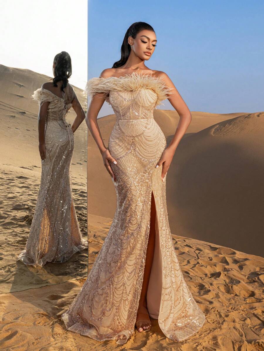 Faeriesty Elegantes Meerjungfrauenkleid mit Federbesatz, Schnürung hinten, Perlenverzierung, geeignet für Partys, Hochzeiten und formelle Anlässe