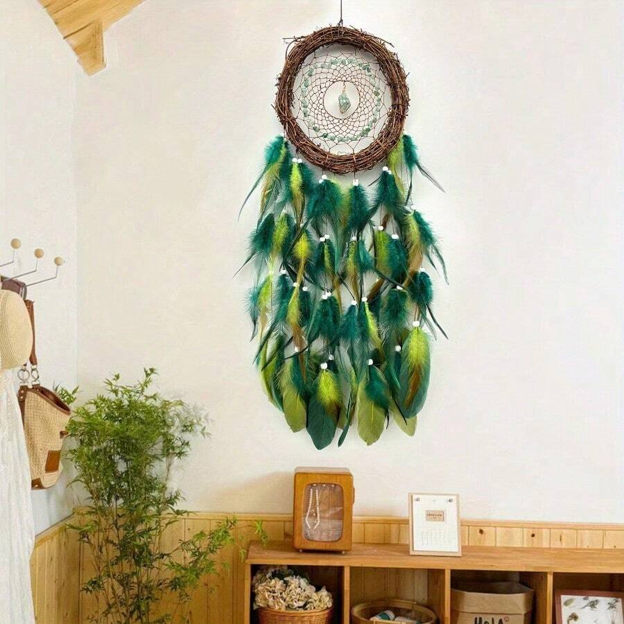 Rattan Crystal Woven Dream Catcher, 31-Inch Artificial Feather Wind Chime, Creative Bohemian Style Home Wall Hanging Decoration Dream Catcher.