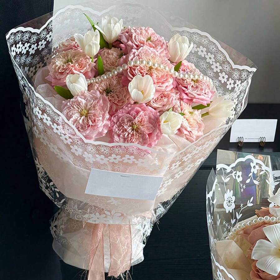 10张防水蕾丝印花花卉礼品包装纸 - 白色 - 查看 1