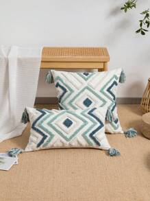 1pc/2pcs Geometric Rhombus Pattern Throw Pillow Case, Canvas & Chenille Material With Tassels, Bohemian And Modern Style For Bedroom, Living Room, Sofa, Car, All Season Use, 30*50cm, 45*45cm