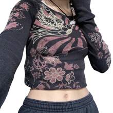 Women Y2k Shirt Vintage Print Long Sleeve Round Neck Fairy Slim Tops Club Grunge Streetwear - 黑色 - 查看 4