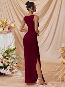 Elisanya Vestido formal feminino com decote ombro a ombro e fenda lateral, adequado para baile de formatura, festa, coquetel elegante - Borgonha - Ver 2