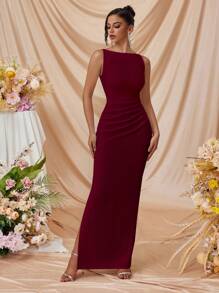 Elisanya Vestido formal feminino com decote ombro a ombro e fenda lateral, adequado para baile de formatura, festa, coquetel elegante - Borgonha - Ver 1