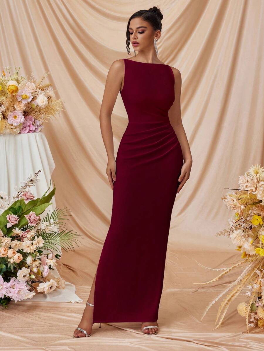 Elisanya Vestido formal feminino com decote ombro a ombro e fenda lateral, adequado para baile de formatura, festa, coquetel elegante - Borgonha - Ver 1
