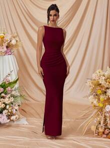 Elisanya Vestido formal feminino com decote ombro a ombro e fenda lateral, adequado para baile de formatura, festa, coquetel elegante - Borgonha - Ver 6