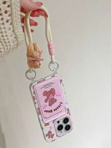 Cute Strawberry Bow Bunny Card Holder Phone Case With Lanyard, Compatible With IPhone 16 Pro Max/IPhone 14, New IPhone 12, 15, 14 Pro, 13 Pro Max, Soft Protective Anti-Fall Phone Cover