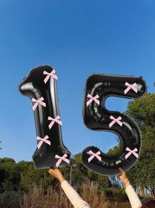 40英寸黑色数字气球配粉色蝴蝶结，1-30白色数字铝箔气球配粉色蝴蝶结装饰，适用于生日派对、周年纪念、婚礼、求婚、圣诞节、新年装饰 - 40吋黑色數字粉紅大蝴蝶結 - 查看 26
