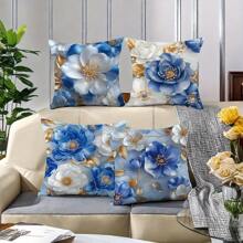 4pcs Floral Patterned Cushion Covers, Modern Style, Machine Washable, Zipper Closure, Woven Polyester, Floral Home Decor For Living Room, Blue And White Gifts Birthday Graduation