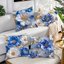 4pcs Floral Patterned Cushion Covers, Modern Style, Machine Washable, Zipper Closure, Woven Polyester, Floral Home Decor For Living Room, Blue And White Gifts Birthday Graduation