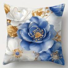 4pcs Floral Patterned Cushion Covers, Modern Style, Machine Washable, Zipper Closure, Woven Polyester, Floral Home Decor For Living Room, Blue And White Gifts Birthday Graduation