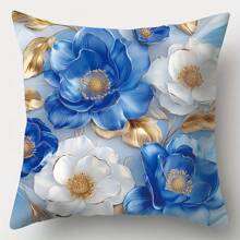 4pcs Floral Patterned Cushion Covers, Modern Style, Machine Washable, Zipper Closure, Woven Polyester, Floral Home Decor For Living Room, Blue And White Gifts Birthday Graduation