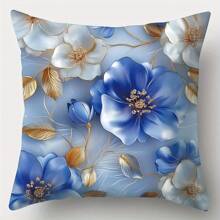 4pcs Floral Patterned Cushion Covers, Modern Style, Machine Washable, Zipper Closure, Woven Polyester, Floral Home Decor For Living Room, Blue And White Gifts Birthday Graduation