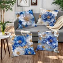 4pcs Floral Patterned Cushion Covers, Modern Style, Machine Washable, Zipper Closure, Woven Polyester, Floral Home Decor For Living Room, Blue And White Gifts Birthday Graduation