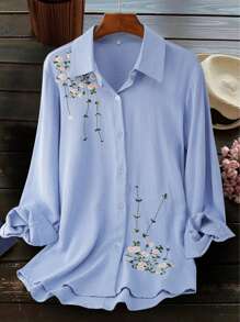 Plus Size Women Fashion Casual Embroidery Blouse - Blue - View 1