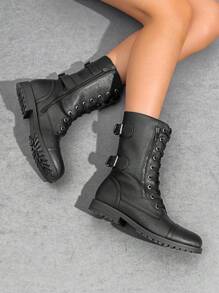 Women's Mid-Calf Combat Boots Round Toe Lace-Up Coin Pocket Outdoor Commuter Black Boots