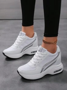 Fall/Winter Women's Breathable Mesh Sneakers - Casual Lace-Up, Height-Boosting Platform Shoes With Air Cushion Comfort For All Seasons
