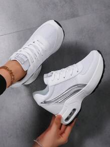 Fall/Winter Women's Breathable Mesh Sneakers - Casual Lace-Up, Height-Boosting Platform Shoes With Air Cushion Comfort For All Seasons