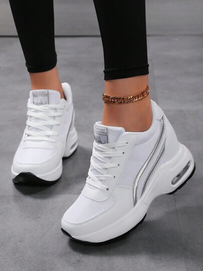 Fall/Winter Women's Breathable Mesh Sneakers - Casual Lace-Up, Height-Boosting Platform Shoes With Air Cushion Comfort For All Seasons