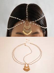 imoli 1pc Minimalist Iron Chain Crescent Moon & Tassel Basic Chain Headpiece, Party Gift (Handmade, Length Customizable, Disc Quantity Varies) - 28528-gold - View 2