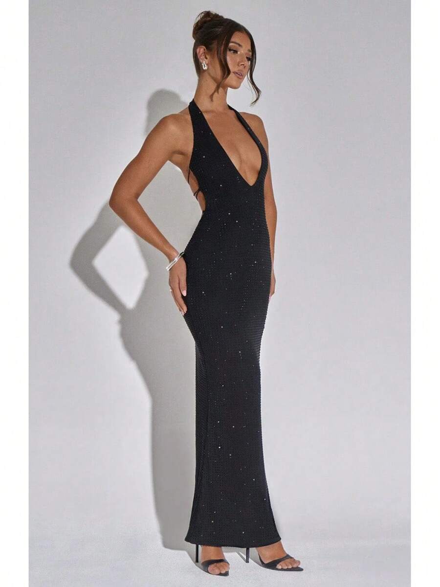 2025 Elegant High-Slit Evening Dress - Sparkling Sequin Mermaid Gown With Adjustable Backless Straps & Built-In Shapewear, Winter Party Formal Dresses For Women​ - 黑色 - 查看 1