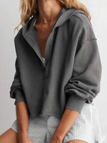 Sudadera con capucha para mujer, de manga larga, color liso, con cuello en V, para primavera y otoño - Gris - Ver 5