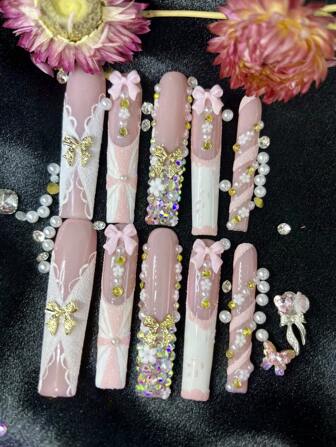 10pcs Extra Long Handemade Press On Nails For Party And Daily Wear, 3D Rhinwstones,Flowers Handmade Flower Shaping For Girls,Easy To Wear10pcs Y2K Extra Long Handmade Press On Nails,Shiny Atirficial Gems,Spring And Summer Style,Suitable For Girls And Women Festivals Parties And Daily Wear