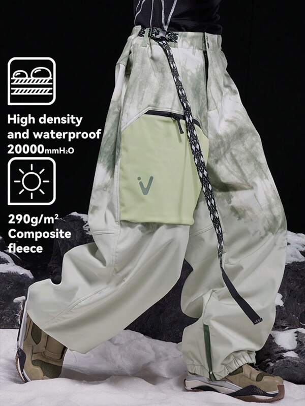 VECTOR MOTION Chinese Style Plush Fleece Snow Pants, Patchwork Sweatpants Unisex Design, Windproof Waterproof Lightweight Warm Breathable Durable Sports