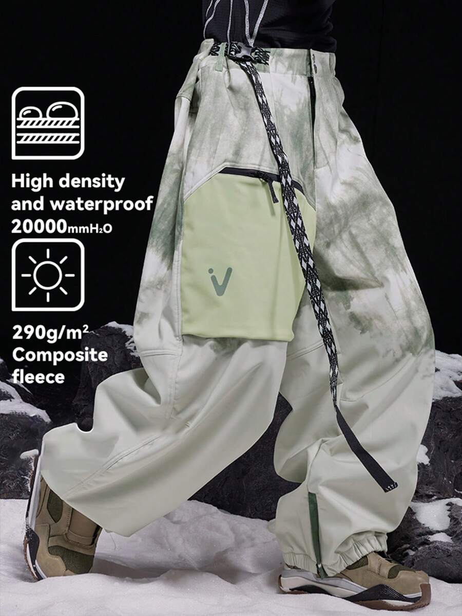 VECTOR MOTION Chinese Style Plush Fleece Snow Pants, Patchwork Sweatpants Windproof Waterproof Lightweight Warm Breathable Sports Ski Outfits - Olive Green - View 1