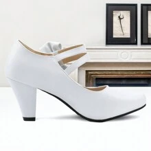 Chic Block High Heel Mary Jane Shoes Women Heels And Pumps Ladies Sweet Ankle Strap Dress Pumps Hook And Loop Bow Heels Closed Toe Valentines - 白色 - 查看 3