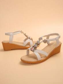 女士夏季坡跟凉鞋，串珠弹力一脚蹬鞋，波西米亚风格休闲露趾凉鞋 - 米色 - 查看 7