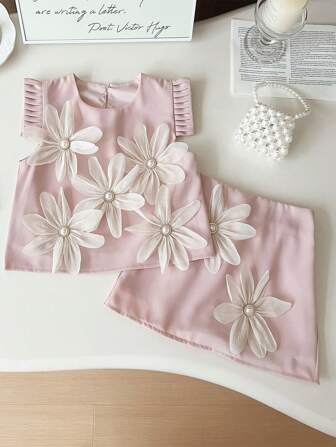 2 件套年轻女孩夏季服装套装，圆领盖袖碎花上衣和裙子套装，度假和派对穿着