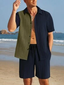 Men's Casual Color Block Short Sleeve Shirt And Shorts Set - Black - View 1