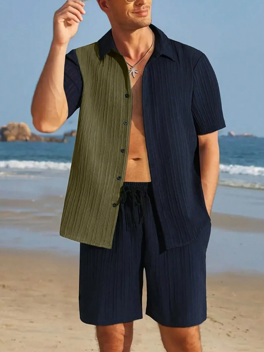 Men's Casual Color Block Short Sleeve Shirt And Shorts Set - Black - View 1