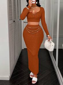 AIJ Amarilo Women's Fall Solid Knitted Crop Long Sleeve Top And Long Skirt For Casual And Simple In Home And Outing Two Pieces Set - Yellowish Brown - View 3