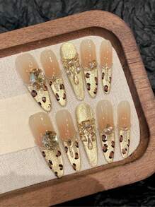 10 件套豹纹法式魅力椭圆形指甲贴纸，饰有高端水钻，适合派对、约会和日常佩戴，可重复使用，配有涂抹工具和指甲锉，按压式指甲，美甲用品，美甲 - 金色 - 查看 12