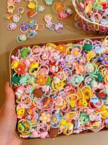 100 Peças/90 Peças/80 Peças/70 Peças/60 Peças/50 Peças/40 Peças/30 Peças/20 Peças/10 Peças/Conjunto Acessórios para Bebê Meninas Toddler, Anéis de Polegar de Princesa Cartoon de Cor Aleatória e Pequeno Elástico de Cabelo, Embalagem em Saco OPP