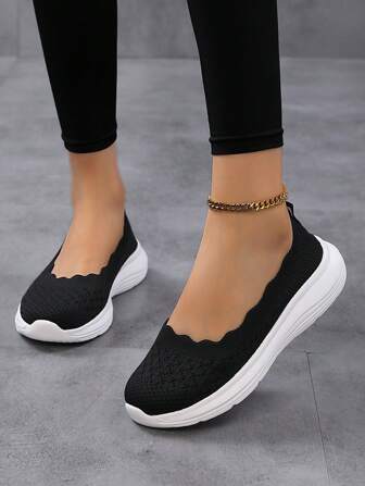 Women's Outdoor Black Knitted Sock Shoes, Breathable Low-Top Slip-On Shoes, Lightweight Walking & Running Sneakers, Comfortable Easy To Wear On/Off