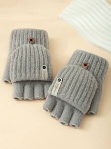 1 Đôi Găng tay mùa đông màu trơn dệt kim ấm áp dễ thương dành cho nữ, màu hồng - găng tay lật - Xem 5