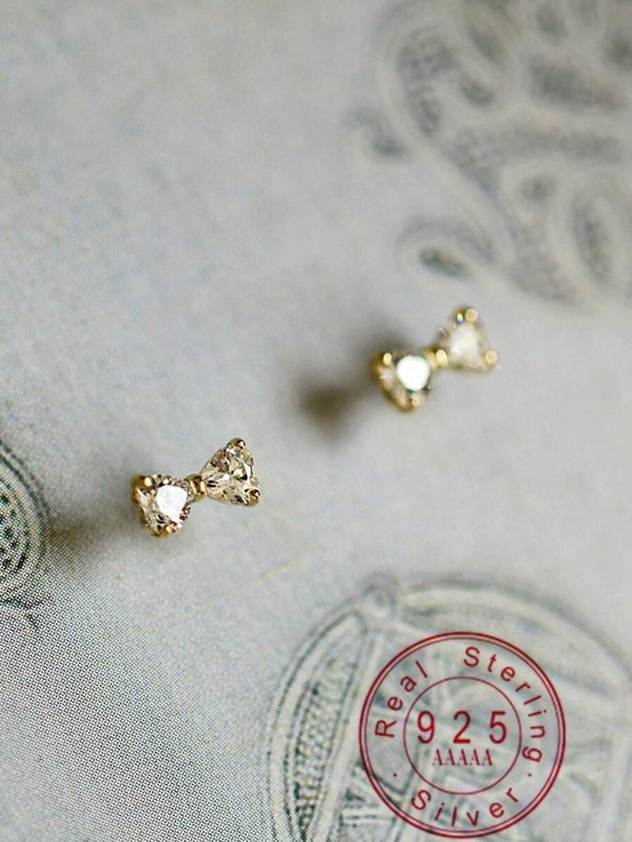 1 Pair S925 Silver Plated 14K Gold Simple & Elegant Micro Pave Cubic Zirconia Bow Stud Earrings For Girl - one-size - View 1