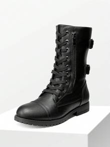 Women's Mid-Calf Combat Boots Round Toe Lace-Up Coin Pocket Outdoor Commuter Black Boots