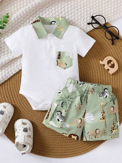 Baby Boy Summer/Autumn Short Sleeve Printed T-Shirt And Shorts Set, Casual/Sport Series