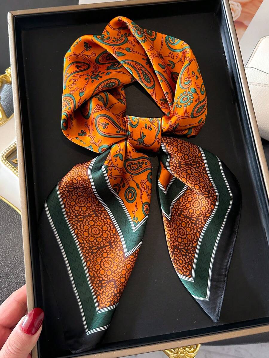 1 pieza Pañuelo cuadrado de mujer de primavera y verano con estampado de anacardo, imitación de seda de 70 cm, pañuelo cuadrado pequeño, pañuelo para el cuello, pañuelo profesional, cálido, adecuado para uso diario, playa, vacaciones, esencial de viaje - naranja - Ver 1