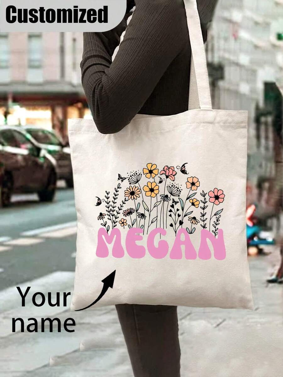 1pc Custom Made Teacher Appreciation Gift Women Canvas Tote Bag Graduation Gifts Letter Print Fashionable Tote Bag School Gift, Best Teacher Gifts Forever For Teachers Day - Beige - View 1