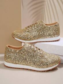 全新品牌优质大码平底休闲运动平底鞋，采用闪亮亮片细带设计，欧美风格 - 金色 - 查看 2