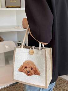 Chic Poodle Print Linen Tote Bag, Reusable Printed Women'S Tote Bag, Double Handle Shopping School Bag, Large Capacity Shoulder Bag, Casual Tote Bag, Suitable For Commuting, School And Shopping, Convenient For Outdoor Use, Gift For Friends And Besties, Teacher Gift, Perfect Choice For Vacation And Festival, Best Teacher,Suitable For Mother's Day, Wedding Season, Graduation Season,Gifts For Family And Friends,Love You Mom